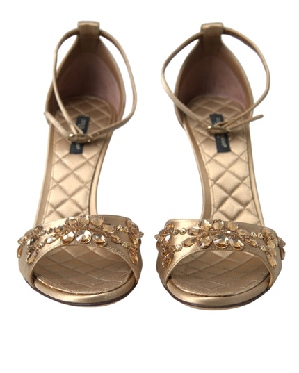 Dolce & Gabbana Gold Satin Ankle Strap Crystal Sandals Shoes