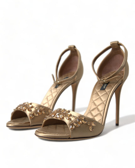 Dolce & Gabbana Gold Satin Ankle Strap Crystal Sandals Shoes