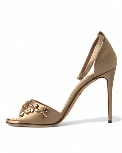 Dolce & Gabbana Gold Satin Ankle Strap Crystal Sandals Shoes