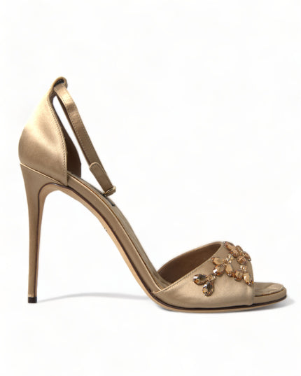 Dolce & Gabbana Gold Satin Ankle Strap Crystal Sandals Shoes