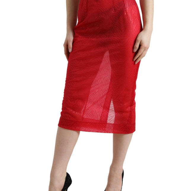 Dolce & Gabbana Red Sheer High Waist Pencil Cut Midi Skirt