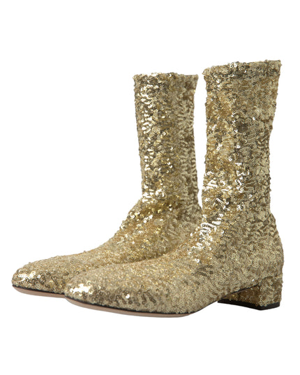 Dolce & Gabbana Gold Sequined Short Boots Stretch Shoes