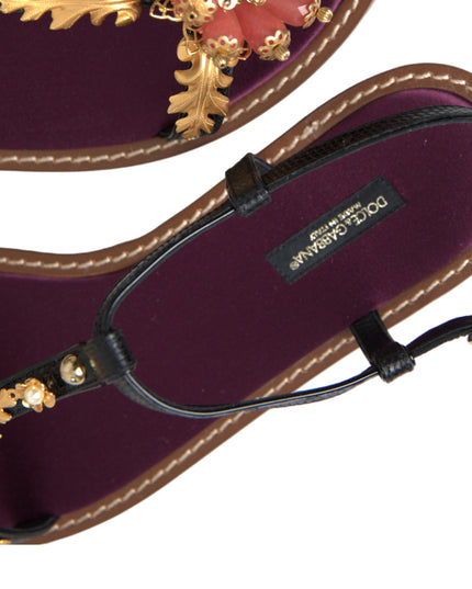 Dolce & Gabbana Black Crystal Gold Sandals Leather Shoes