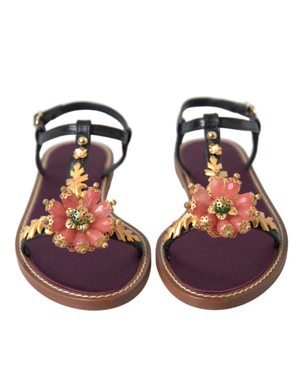 Dolce & Gabbana Black Crystal Gold Sandals Leather Shoes