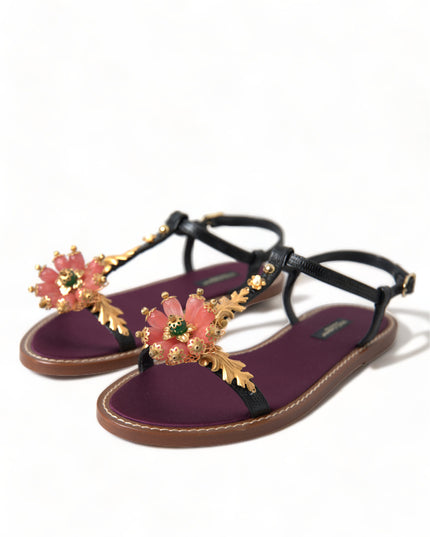 Dolce & Gabbana Black Crystal Gold Sandals Leather Shoes