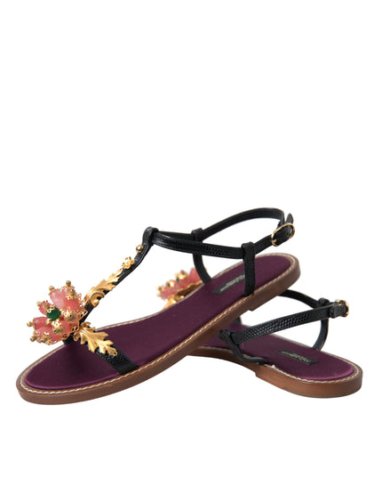Dolce & Gabbana Black Crystal Gold Sandals Leather Shoes