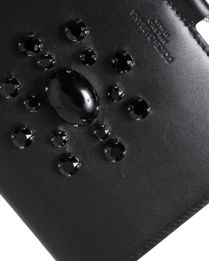 Dolce & Gabbana Black Leather Crystal Embellished Card Holder Wallet