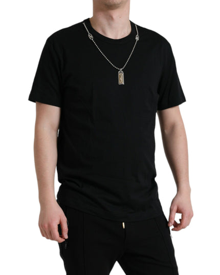 Dolce & Gabbana Black Cotton Dog Tag Round Neck T-shirt