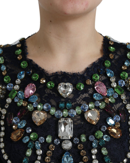 Dolce & Gabbana Blue Crystal Floral Lace Long Gown Dress