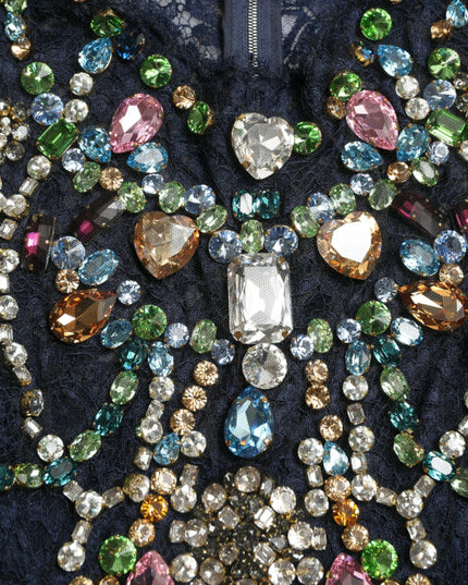 Dolce & Gabbana Blue Crystal Floral Lace Long Gown Dress