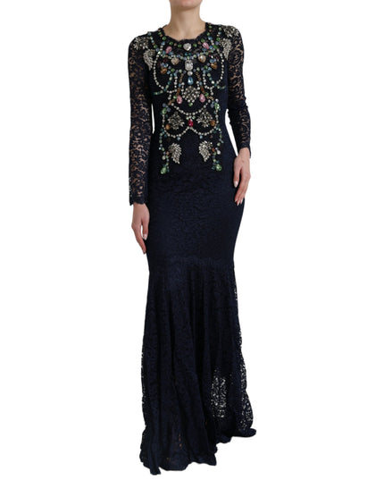 Dolce & Gabbana Blue Crystal Floral Lace Long Gown Dress