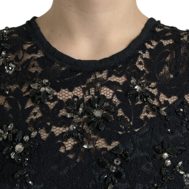 Dolce & Gabbana Black Floral Lace Crystal Sheath Dress