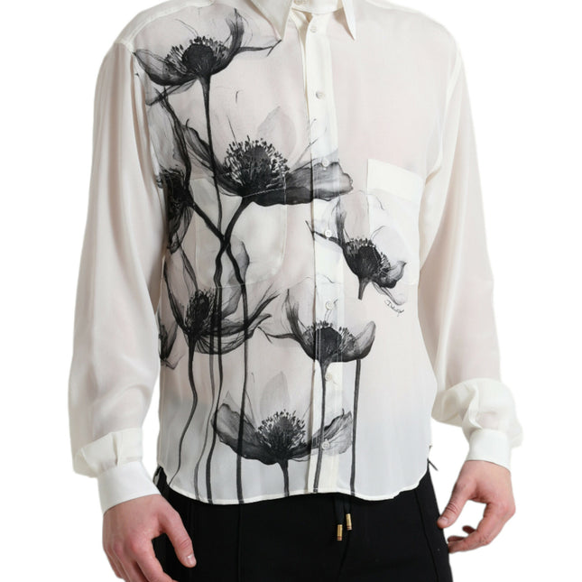 Dolce & Gabbana White Floral Collared Dress Silk Shirt