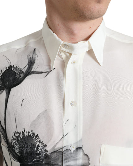 Dolce & Gabbana White Floral Collared Dress Silk Shirt