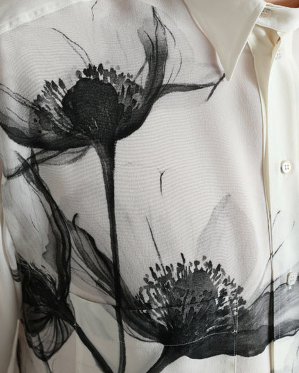 Dolce & Gabbana White Floral Collared Dress Silk Shirt