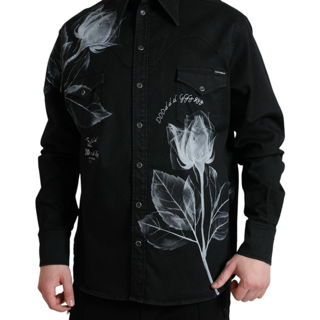 Dolce & Gabbana Black Floral Cotton Collared Dress Shirt