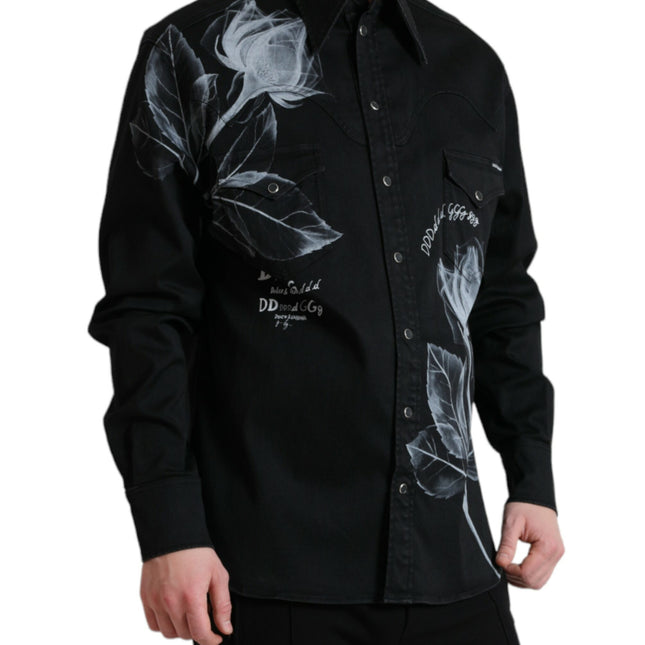 Dolce & Gabbana Black Floral Cotton Collared Dress Shirt