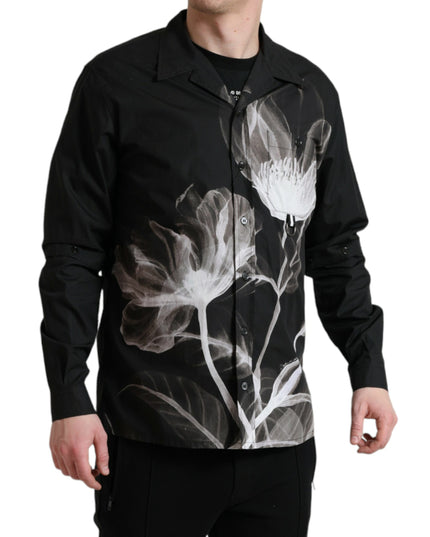Dolce & Gabbana Black Floral Cotton Collared Long Sleeves Men Shirt