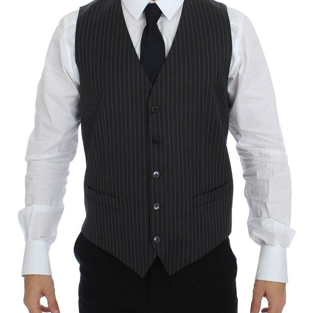 Dolce & Gabbana Gray Striped Wool Single Breasted Vest