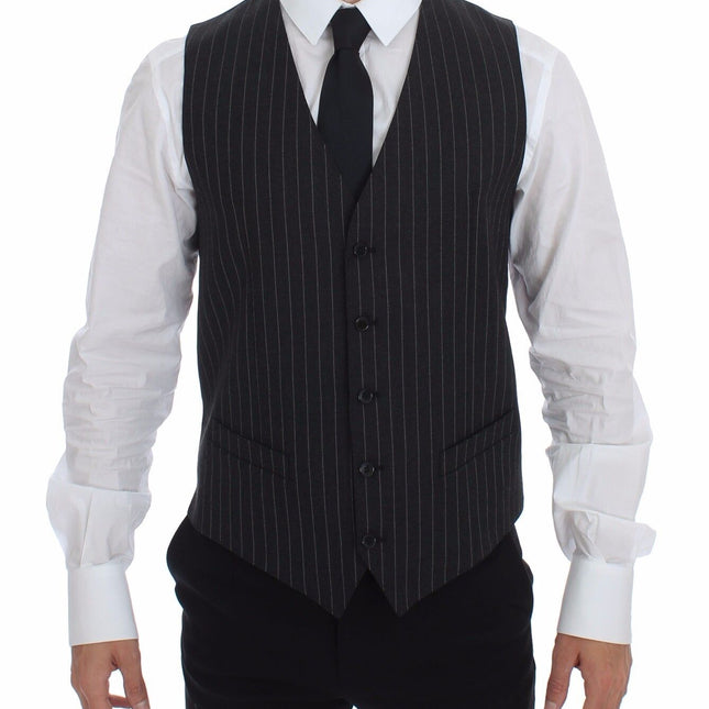 Dolce & Gabbana Gray Striped Wool Logo Vest Gilet Weste