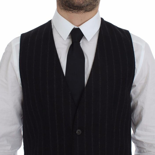 Dolce & Gabbana Black Striped Wool Logo Vest Gilet Weste