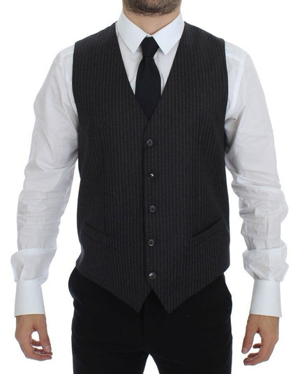 Dolce & Gabbana Gray Striped Wool Single Breasted Vest