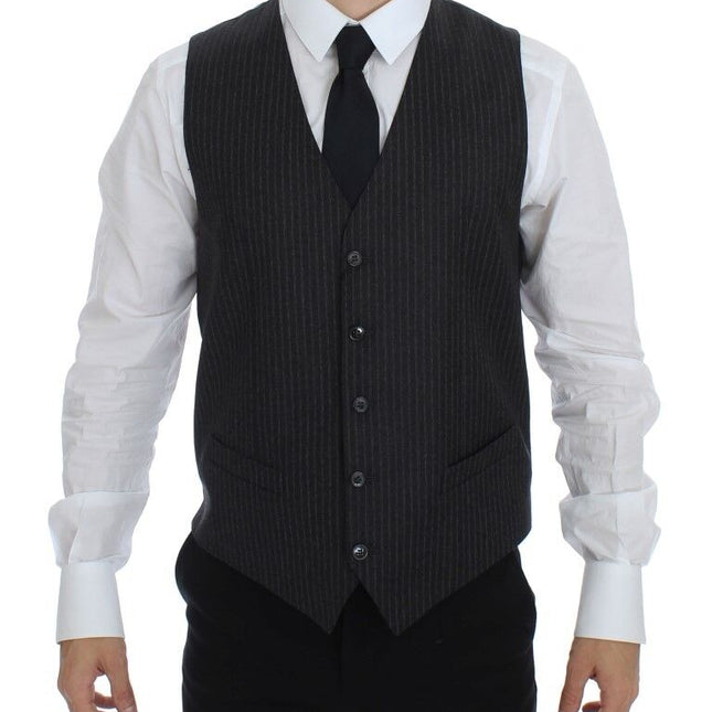 Dolce & Gabbana Gray Striped Wool Single Breasted Vest