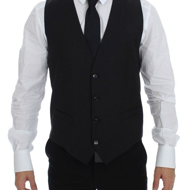 Dolce & Gabbana Black Striped Wool Single Breasted Vest