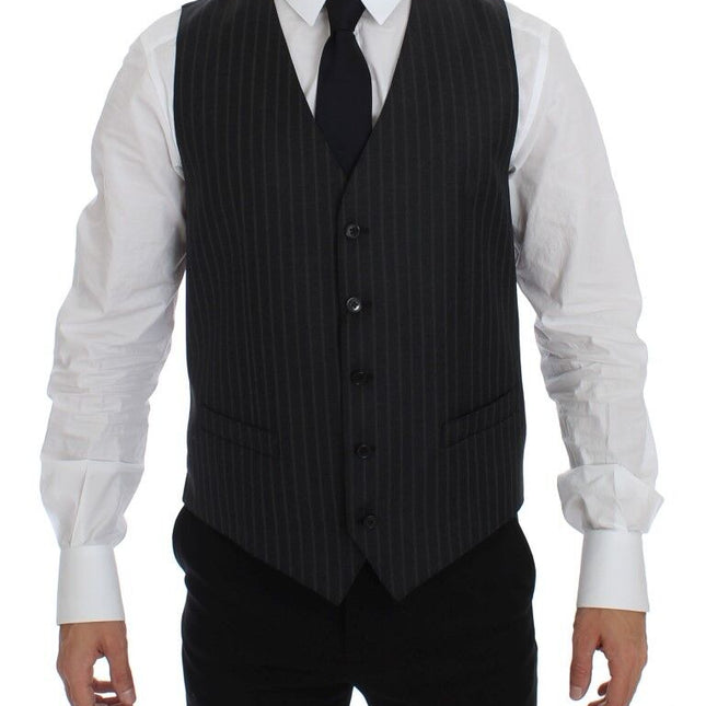 Dolce & Gabbana Gray Striped Wool Logo Vest Gilet Weste