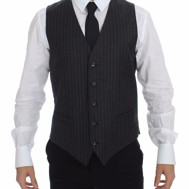 Dolce & Gabbana Gray Striped Wool Logo Vest Gilet Weste