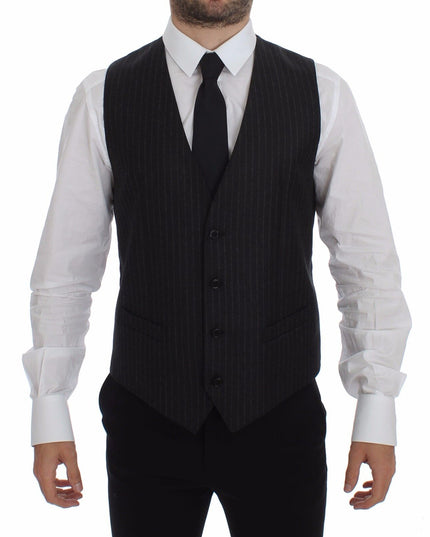 Dolce & Gabbana Gray Striped Wool Logo Vest Gilet Vests