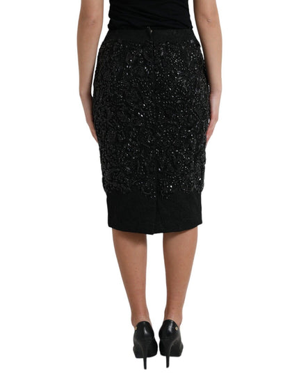 Dolce & Gabbana Black Crystal Handmade Knee Pencil Skirt
