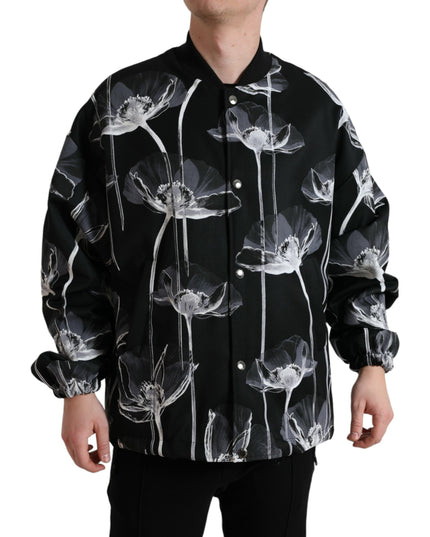 Dolce & Gabbana Black Floral Print Wool Button Down Bomber Jacket