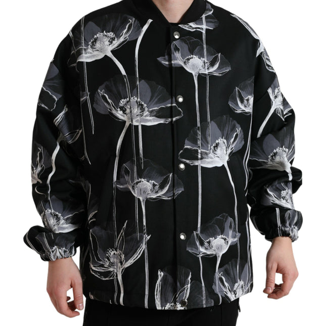 Dolce & Gabbana Black Floral Print Wool Button Down Bomber Jacket