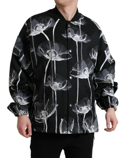 Dolce & Gabbana Black Floral Print Wool Button Down Bomber Jacket
