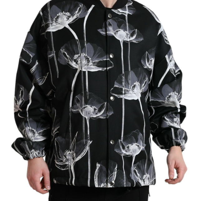 Dolce & Gabbana Black Floral Print Wool Button Down Bomber Jacket