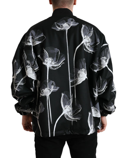 Dolce & Gabbana Black Floral Print Wool Button Down Bomber Jacket