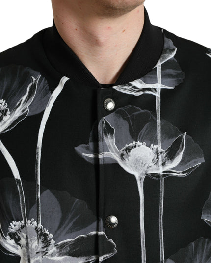 Dolce & Gabbana Black Floral Print Wool Button Down Bomber Jacket