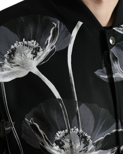 Dolce & Gabbana Black Floral Print Wool Button Down Bomber Jacket