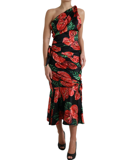 Dolce & Gabbana Black Shiny Silk Floral Print Draped Dress