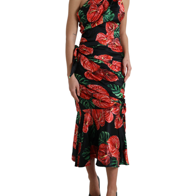 Dolce & Gabbana Black Shiny Silk Floral Print Draped Dress