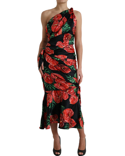 Dolce & Gabbana Black Shiny Silk Floral Print Draped Dress