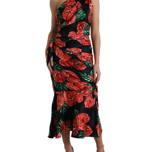 Dolce & Gabbana Black Shiny Silk Floral Print Draped Dress