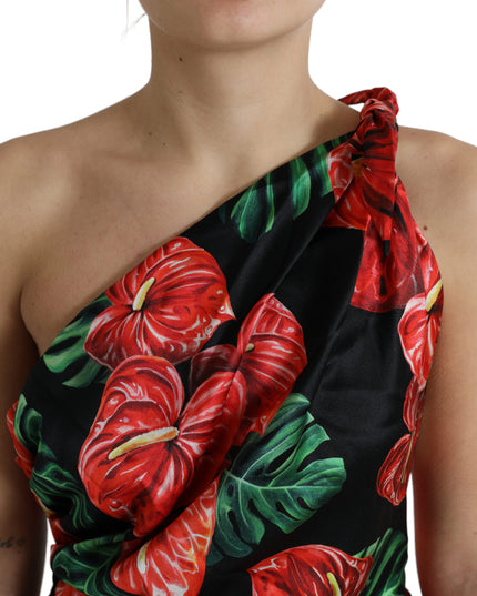 Dolce & Gabbana Black Shiny Silk Floral Print Draped Dress