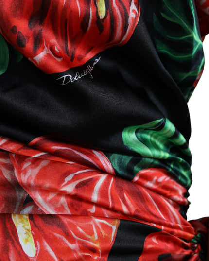 Dolce & Gabbana Black Shiny Silk Floral Print Draped Dress
