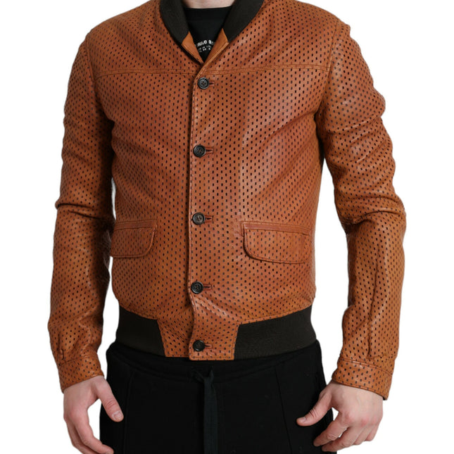 Dolce & Gabbana Brown Lambskin Leather Perforated Jacket