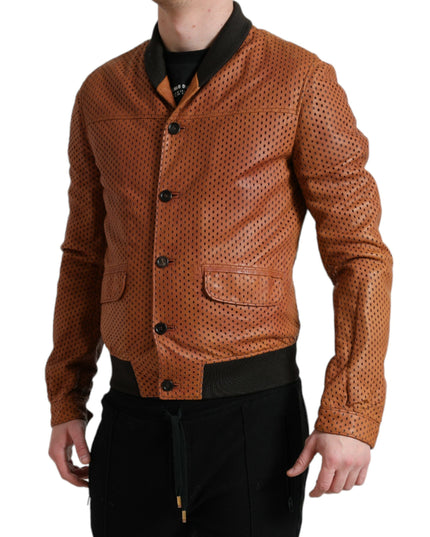 Dolce & Gabbana Brown Lambskin Leather Perforated Jacket