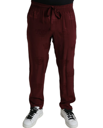 Dolce & Gabbana Maroon Crown Pattern Silk Pajama Pants