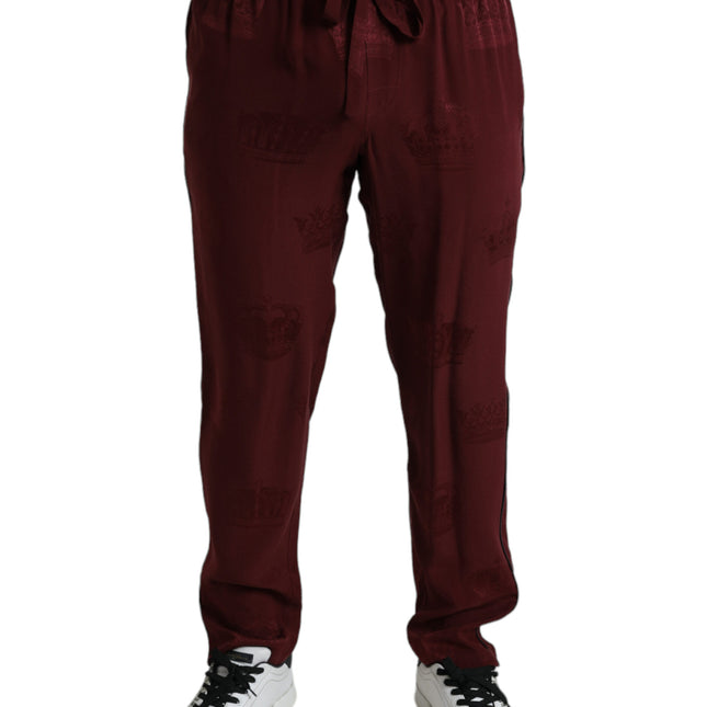 Dolce & Gabbana Maroon Crown Pattern Silk Pajama Pants