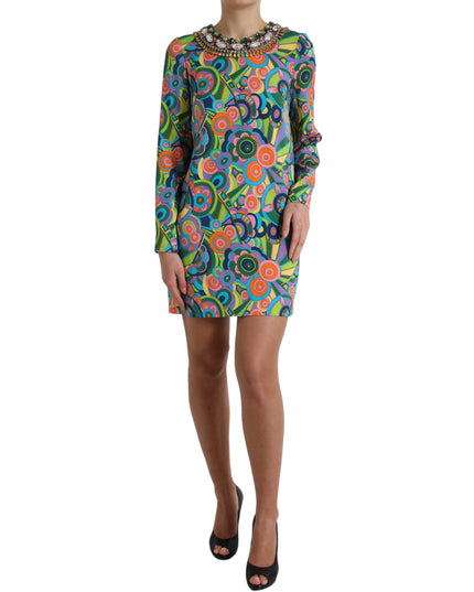 Dolce & Gabbana Multicolor Geometric Print Silk Crystals Midi Dress